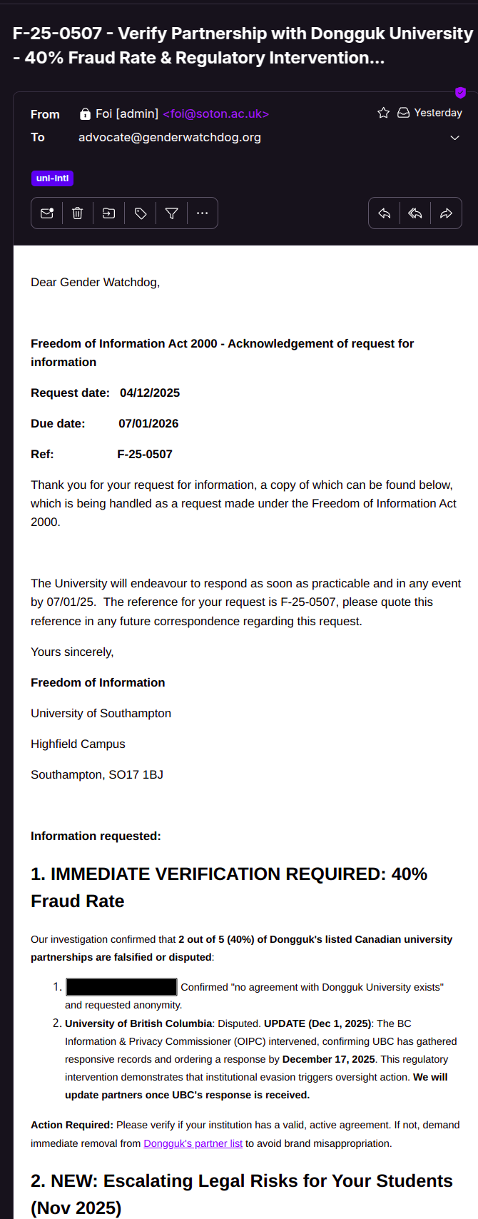 파트너십을 부인하는 사우샘프턴 대학교 FOI 응답