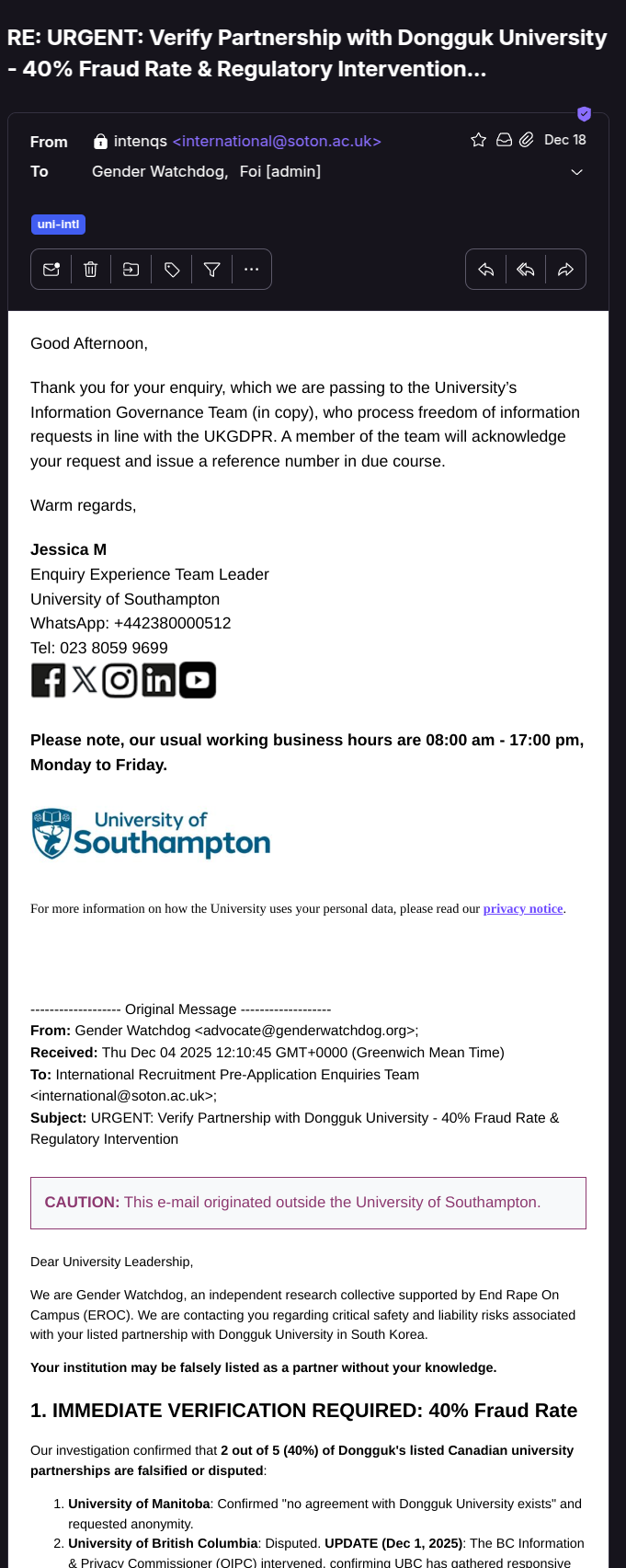 사우샘프턴 대학교 국제처가 문의를 FOI 팀으로 전달