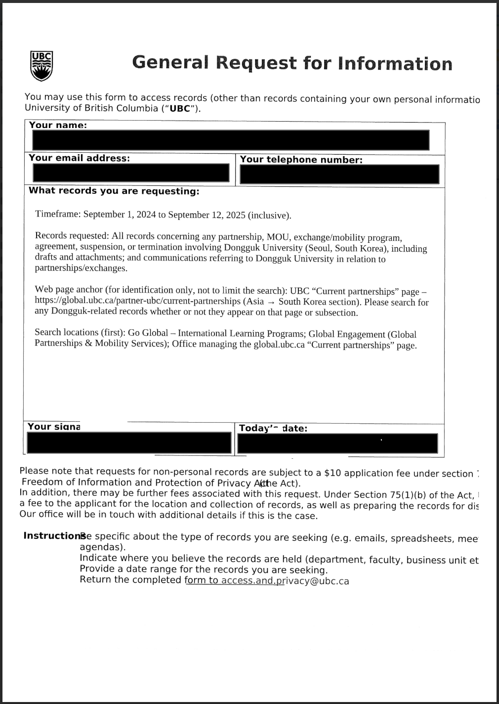 UBC에 대한 FOI 요청